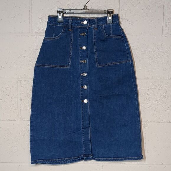 Women's Stretch High Waist Button Down Front Slit Midi Denim Skirt Size 4 NWOT - Picture 5 of 6
